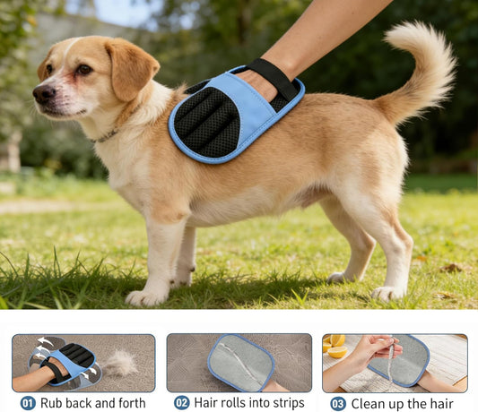 Electrostatic pet fur shedding glove being used on dog coat