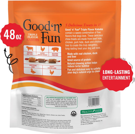 Good 'N' Fun savory dog chews wrapped in real chicken and duck proteins.
