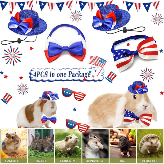 Side view of the patriotic small pet outfit set featuring two glitter bowler hats and two adjustable stars and stripes collars.