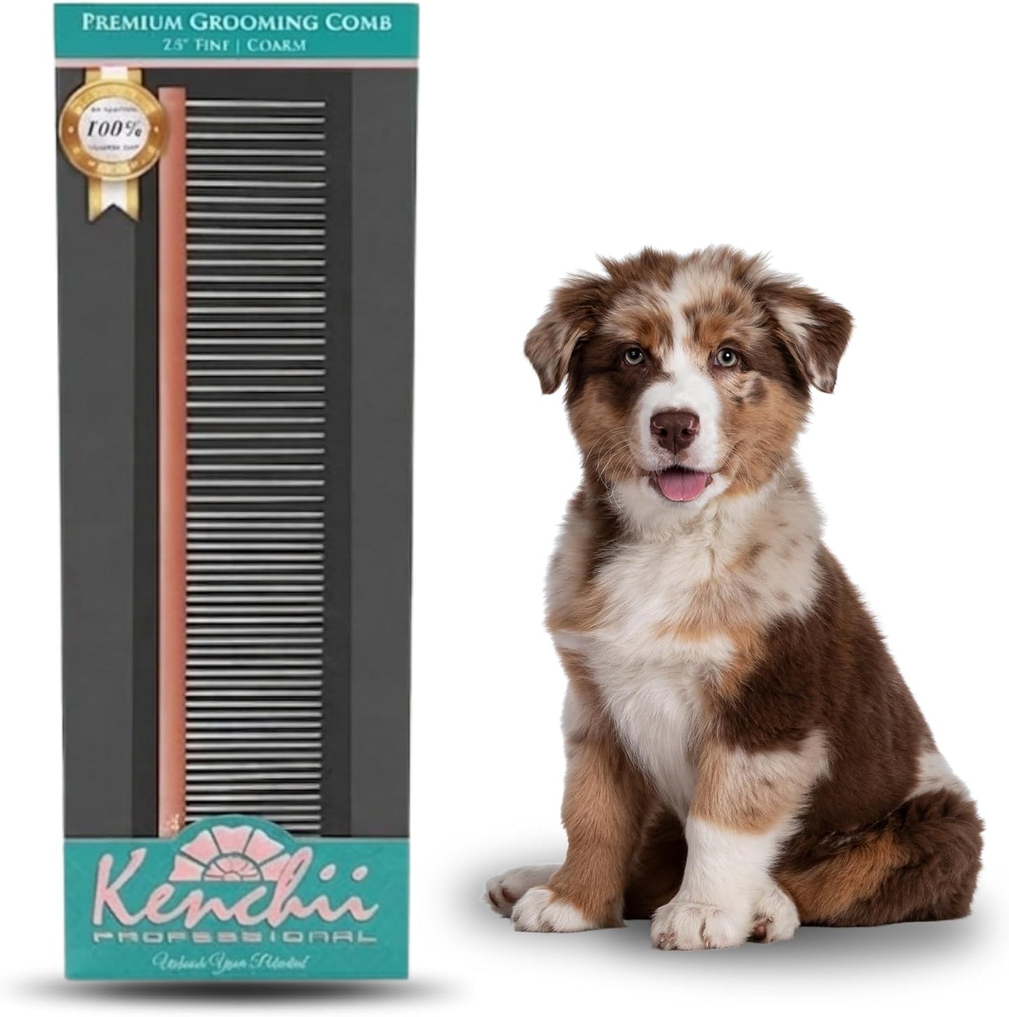 Packaging view of the authentic USA imported Kenchii premium satin rose gold comb.