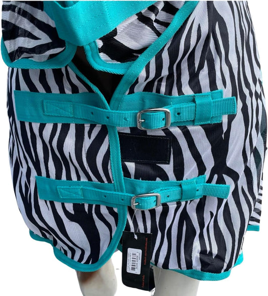 Tech Equestrian zebra print horse summer sheet side view detailing turquoise piping and cross-surcingles.