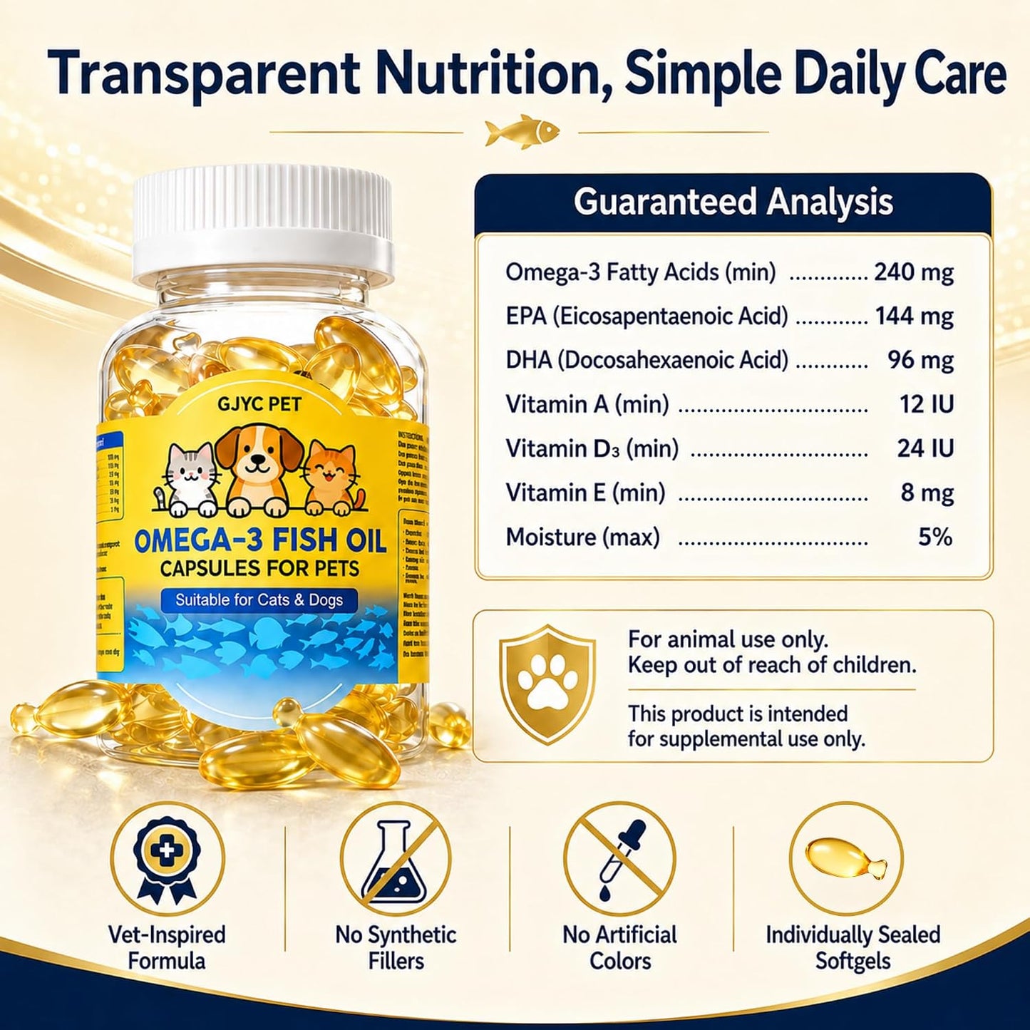 Softgel capsules of deep sea fish oil for dogs and cats.