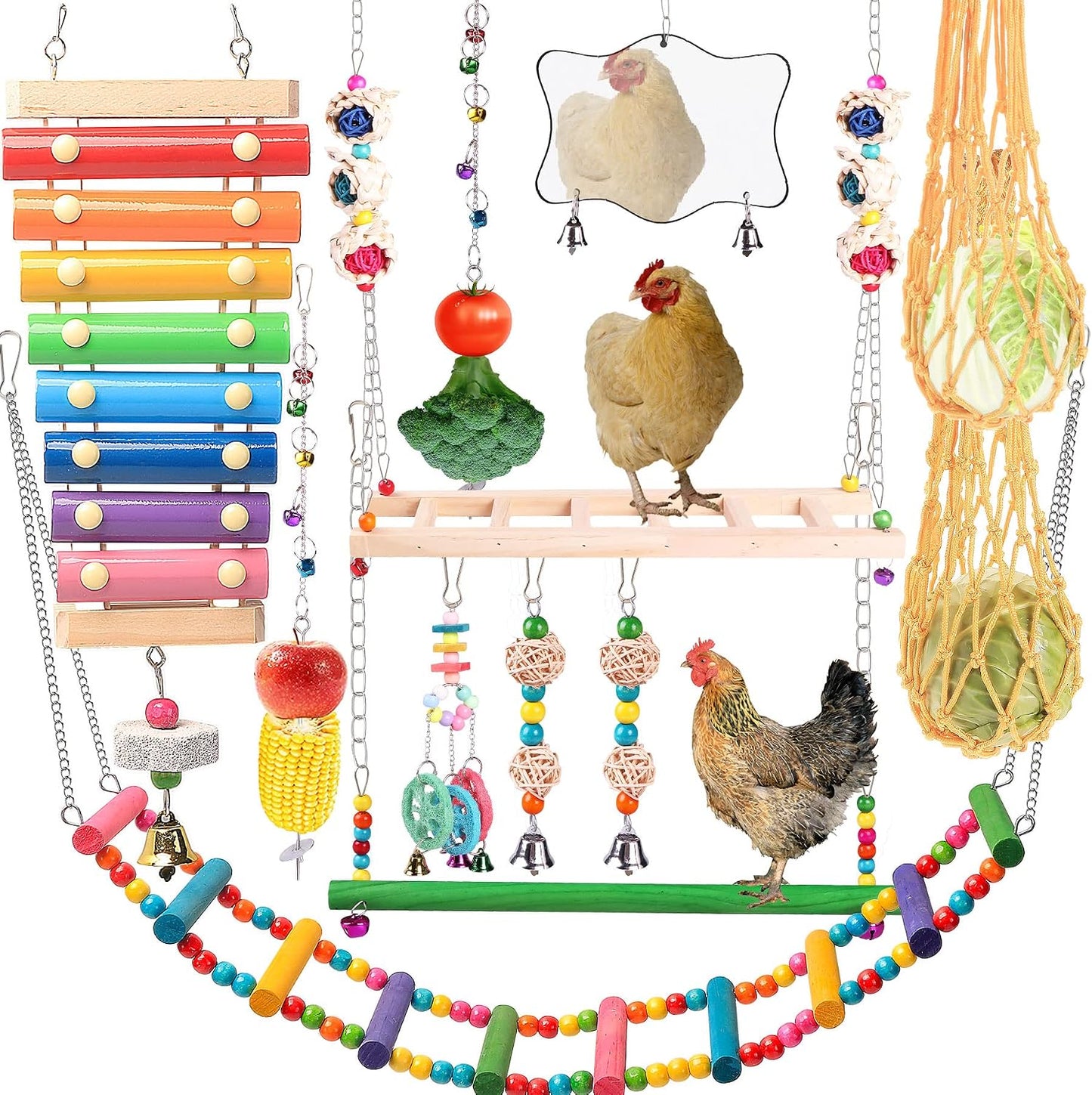 Hanging chicken mirror toy with protective backing for poultry mental stimulation
