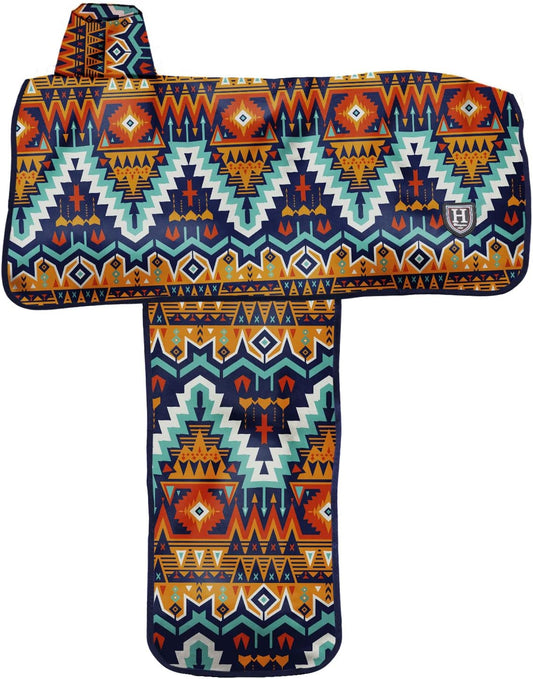 Harrison Howard equestrian gear cover protecting a western saddle from dust and scratches.