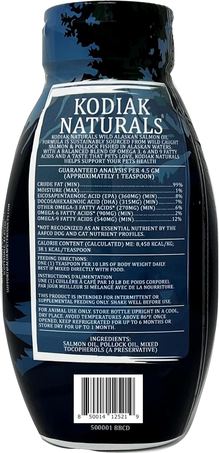 Kodiak Naturals wild salmon oil packaging demonstrating authentic USA imported pet health supplement quality.