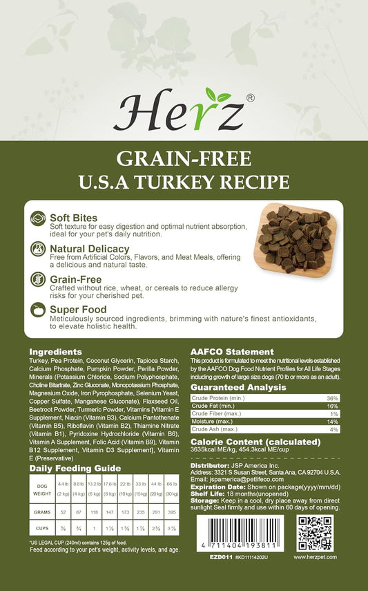 Herz turkey breast recipe air dried premium dog food back label with ingredients and nutritional analysis.
