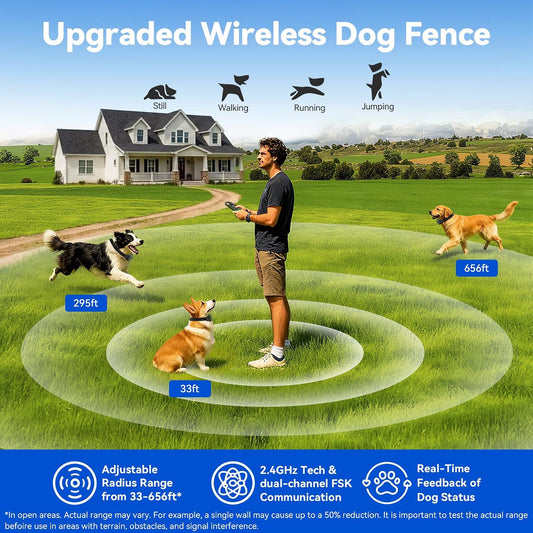 Adjustable wireless dog fence perimeter setting from 33 to 656 feet