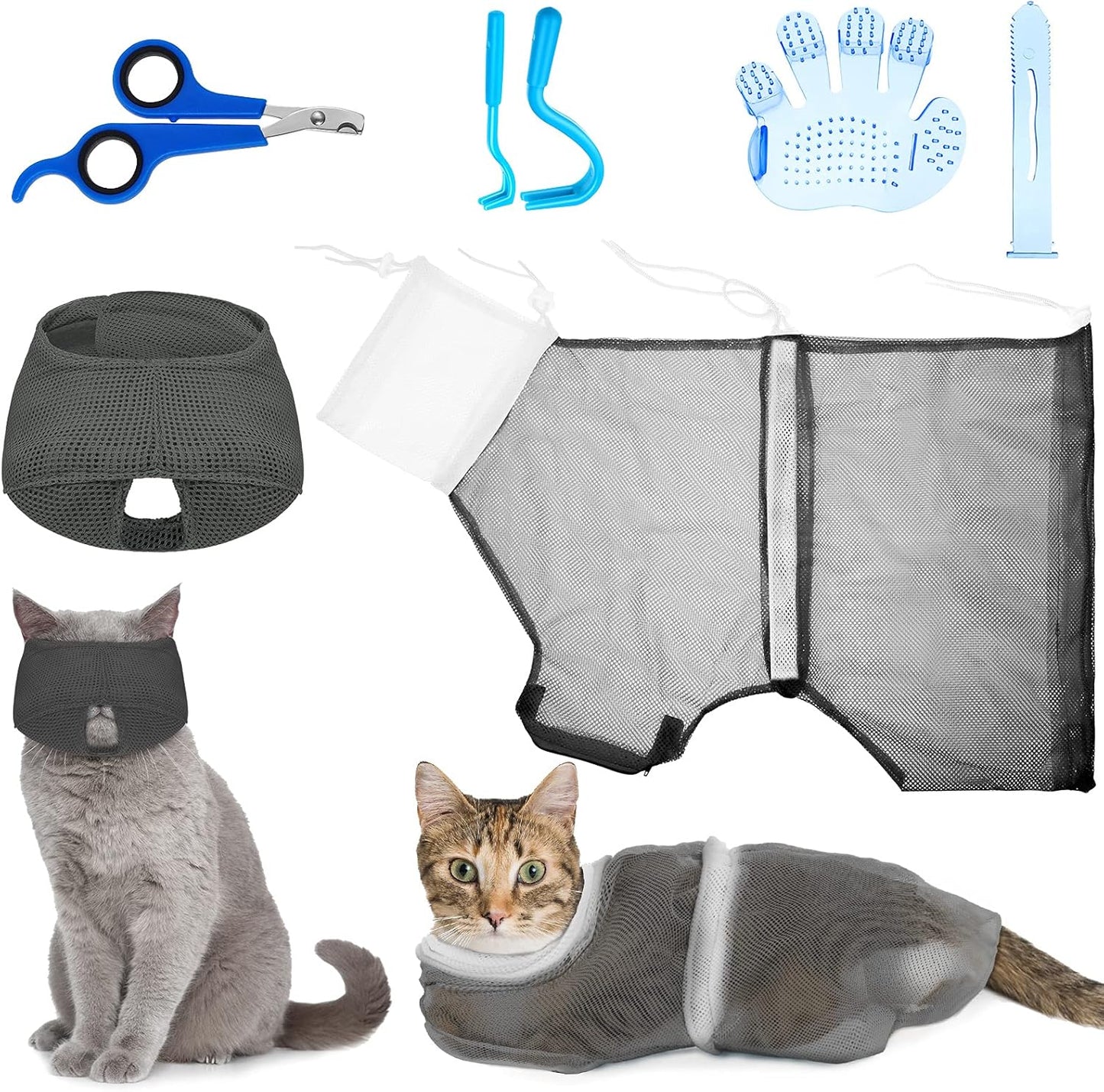 Patelai 5 Pcs Cat Bathing Bag Set Cat Grooming Bag Adjustable Pet Shower Net Muzzles Nail Clipper Tick Remover Tool Massage Brush(Pink) - Image 11