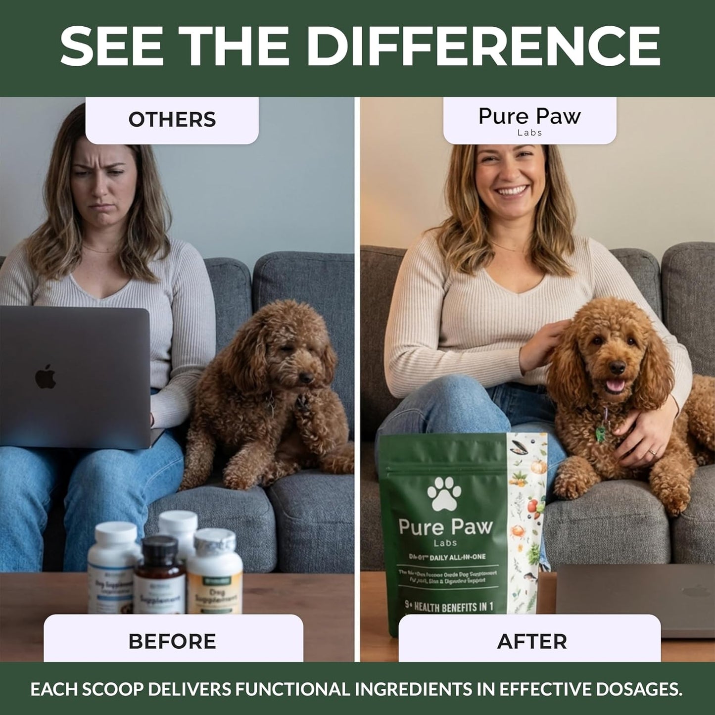 Pure Paw Labs authentic imported USA pet health care powder showing application instructions for dogs.