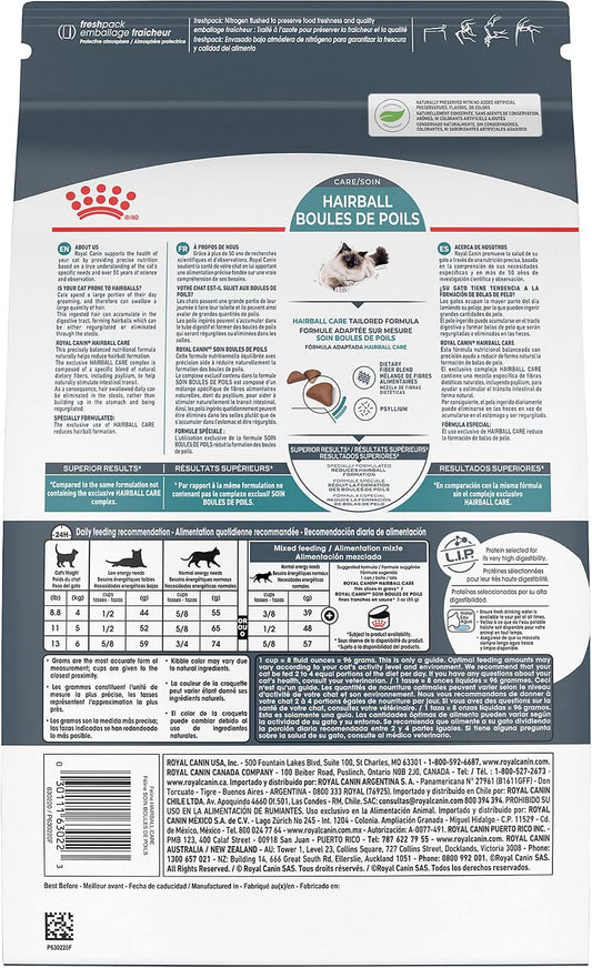 Royal Canin Feline Care Nutrition dry food fourteen pounds bag showing ingredients list