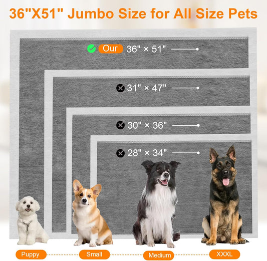 Supronlove carbon dog pee pads laid out flat on the floor demonstrating the extra large 36 by 51 inches dimensions.