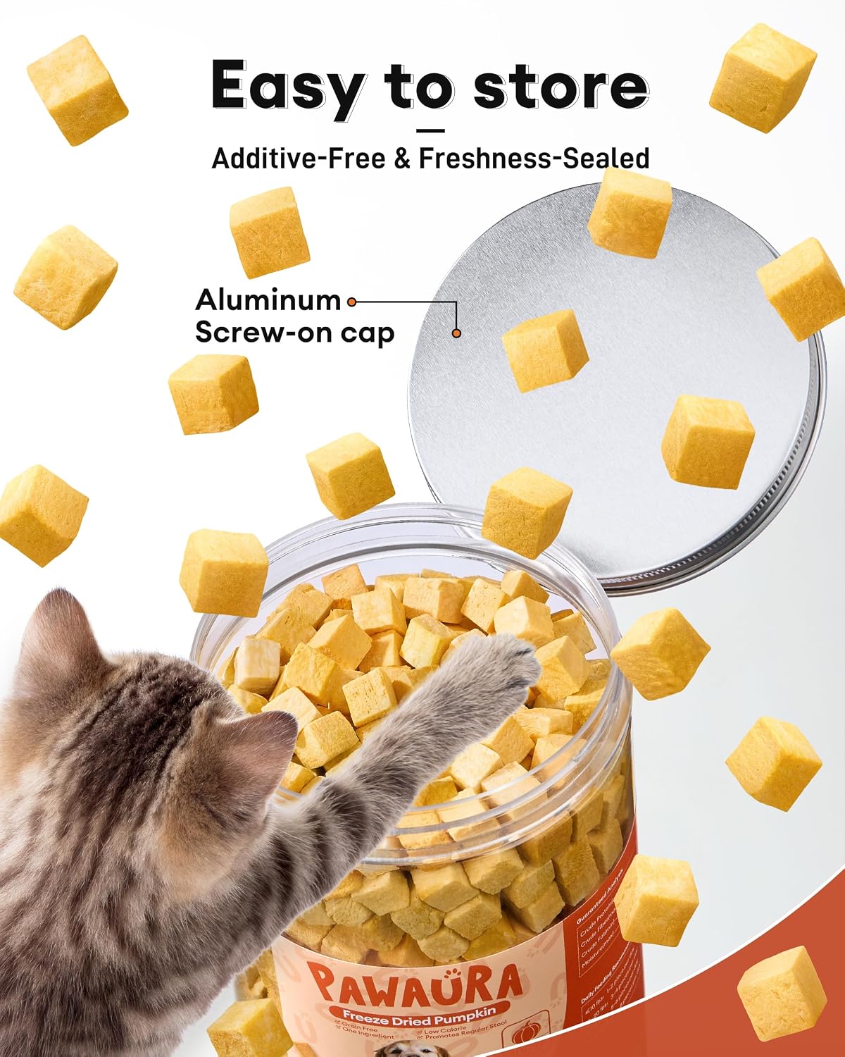 Low calorie organic pumpkin treats for pet weight management.