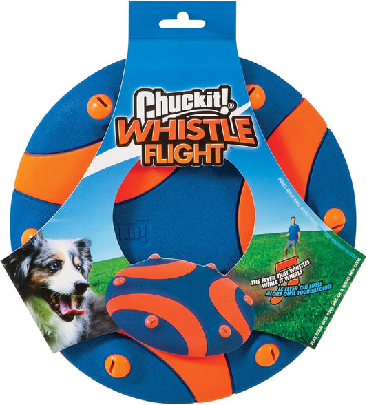 Orange and blue Chuckit! Whistle Flight flying disc for dogs