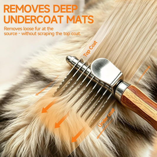 LARYEECHA stainless steel undercoat rake showing rounded safety blades