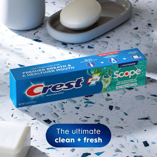 Crest + Scope Whitening Toothpaste - Pack of 3, 5.4 Oz Tubes - Anticavity Fluoride Toothpaste, Fresh Breath, Kills Germs - Tartar Protection, Enamel Protection - Minty Fresh Flavor - Image 2