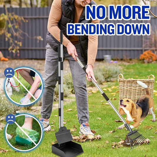 Adjustable long handle pet waste removal scoop system close up on interlocking clips.