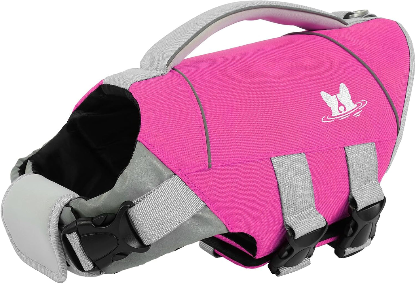 Secure underbelly strap system of the premium canine personal flotation device.