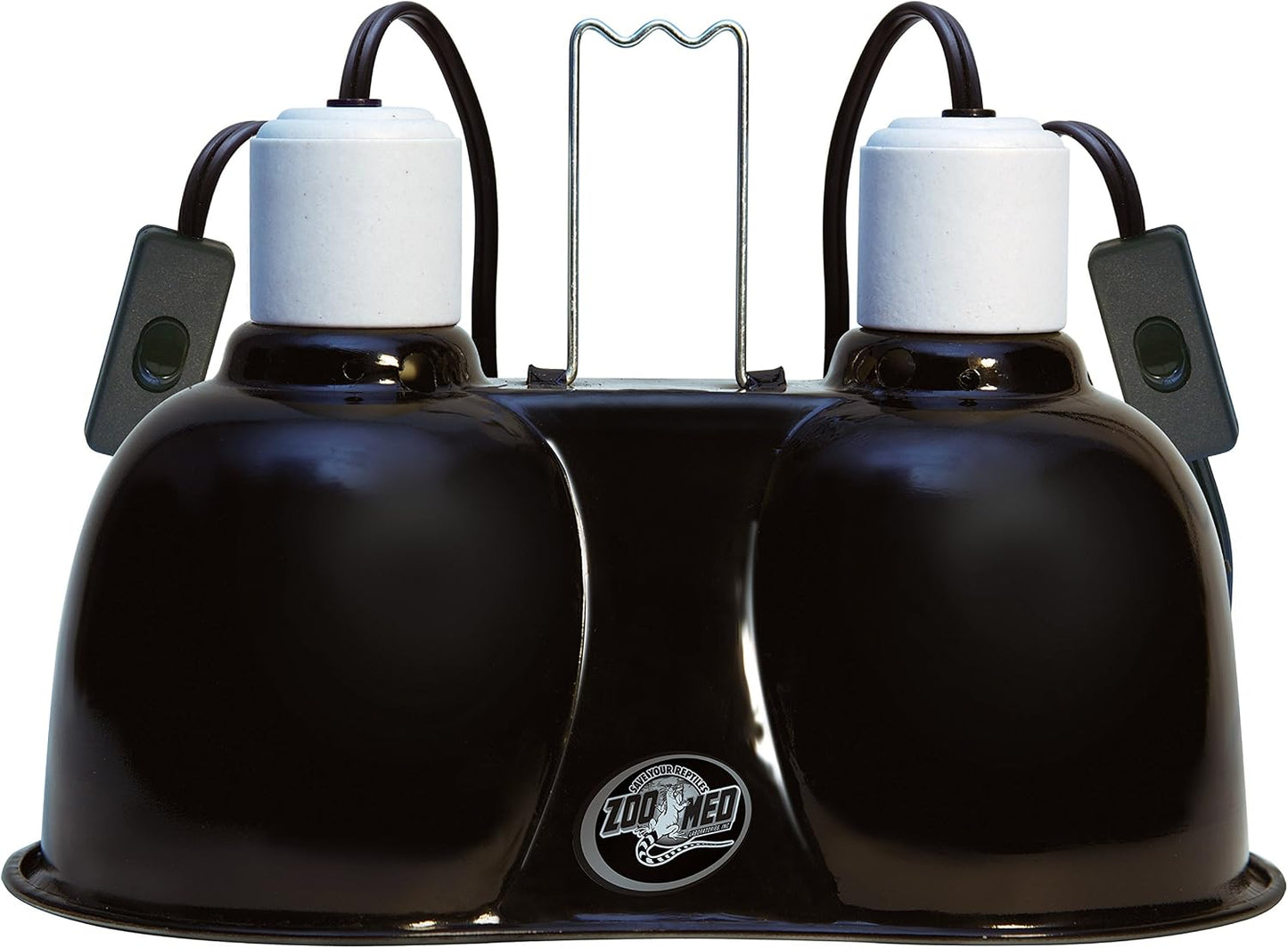 Close-up of the dual ceramic sockets inside the imported dual-dome reptile habitat lighting fixture.