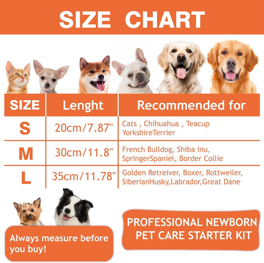 Adjustable kitten identification bands displayed with the included growth tracking weight chart.