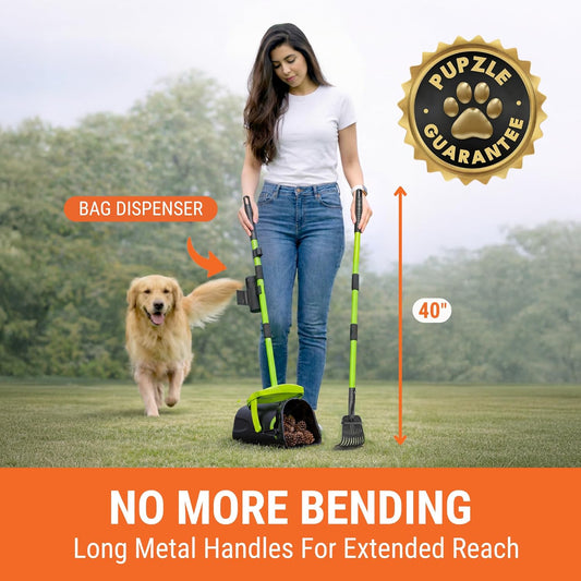 Pupzle heavy duty pet waste rake and bin set for backyard cleanup
