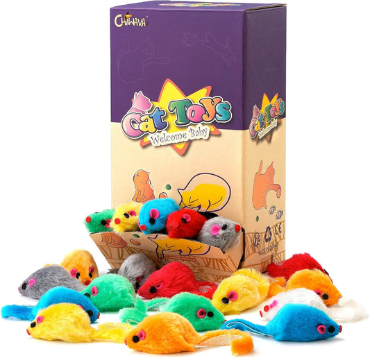Close up of colorful synthetic fur kitten rattle mouse toy showing texture