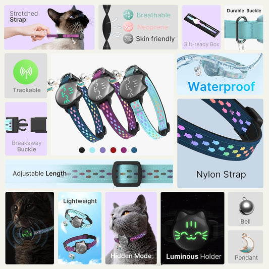 Close up view of the reflective luminous fish pattern on the blue kitten collar strap