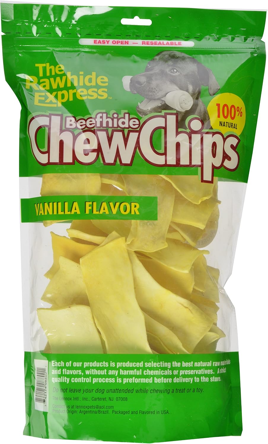 Authentic USA imported vanilla flavored dog chew chips by The Rawhide Express showing the textured digestible pieces