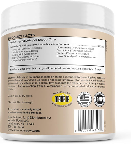 Organic mushroom complex canine supplement container with 90 scoops callout