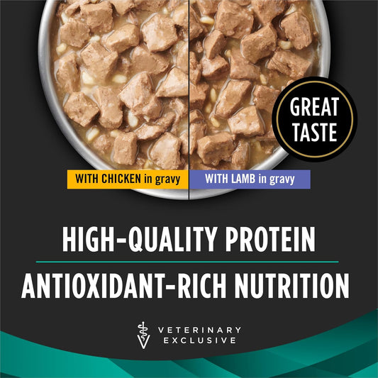 Purina Pro Plan EN Savory Selects Chicken in Gravy wet dog food can closeup.