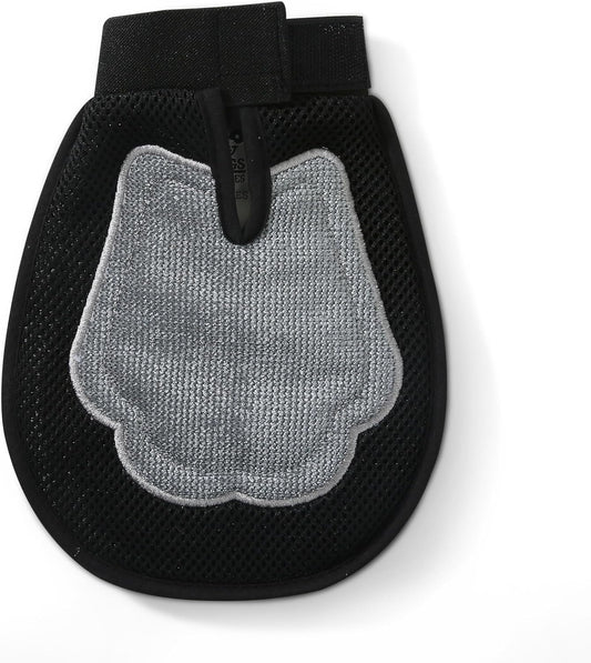 Back view of the 2 in 1 pet grooming mitt highlighting the black mesh fabric and adjustable wrist strap.
