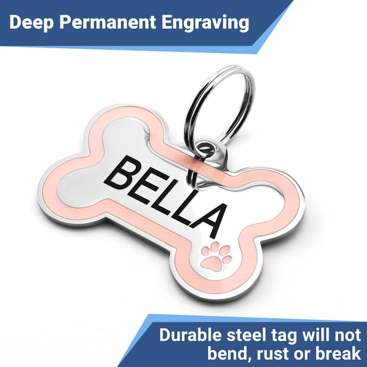 GoTags personalized dog tag reverse side illustrating four lines of laser engraved custom text layout