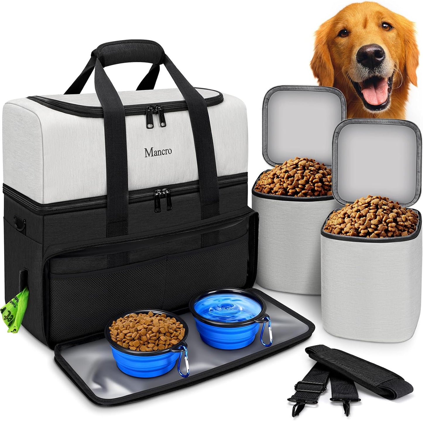 Mancro Dual Layers Dog Travel Bag, Pet Travel Bags with 2 Extra Large Food Containers, 2 Collapsible Dog Bowls, Multi-Pockets Tote Organizer for Pet Supplies, Road Trip Essentials, Weekend Camping - Image 9