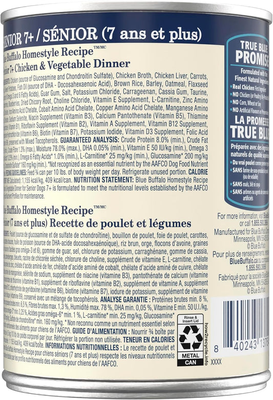 Blue Buffalo 12.5 ounce senior wet dog food can highlighting real chicken as the first ingredient for aging dogs