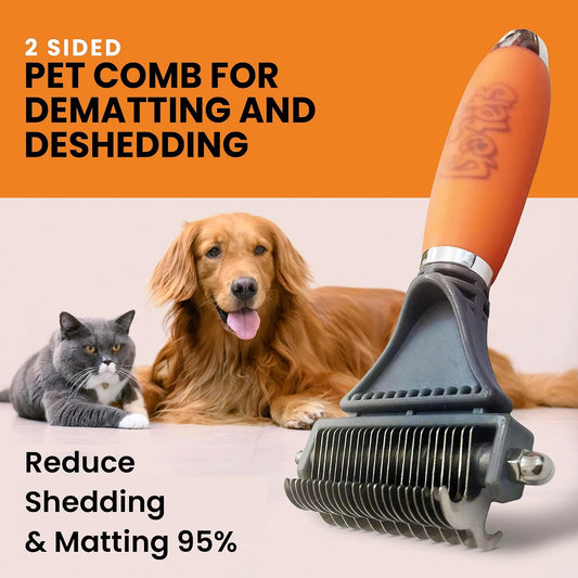 Close up of GoPets 2-sided pet grooming rake stainless steel teeth