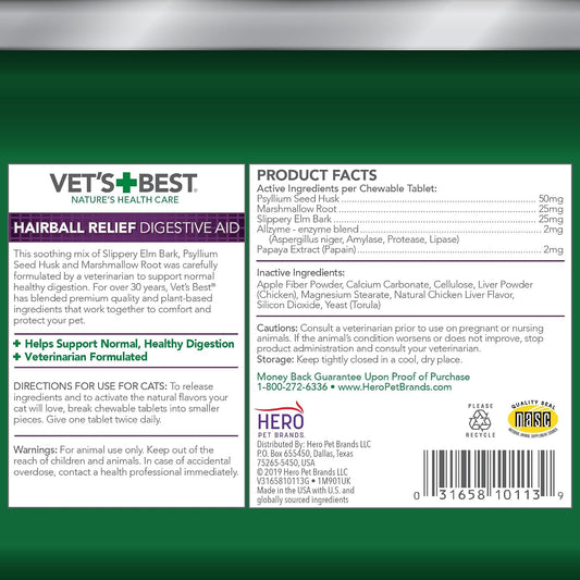 Vet's Best hairball support remedy chicken flavor supplement bottle showing ingredients