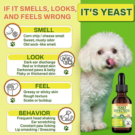 Puyrzoe liquid dog yeast supplement packaging showing bacon flavor details for itchy skin
