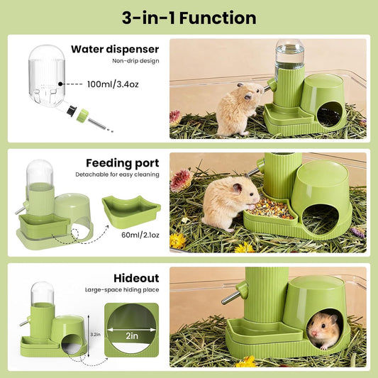 3 in 1 Hamster Water Bottle No Drip Automatic Water Dispenser with Food Bowl Container & Hideout Base Hut for Dwarf Hamster Mouse Rat Gerbils Mice Cage Accessories (Pink) - Image 2