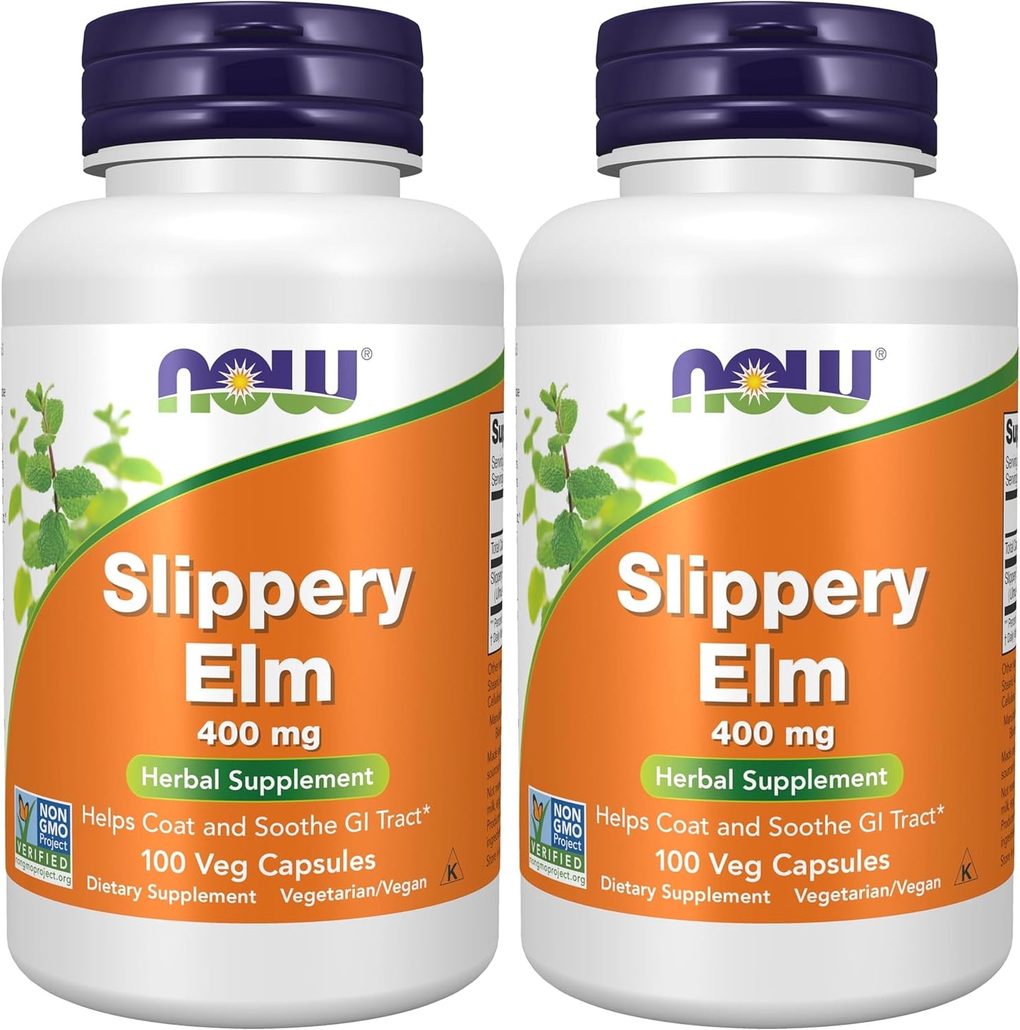 Full bottle presentation of Now Foods Slippery Elm digestive health supplement imported from the USA.