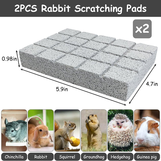 Two pack of Hamiledyi bunny grinding claw pads positioned inside a cage with grooved lines visible for pet nail filing.