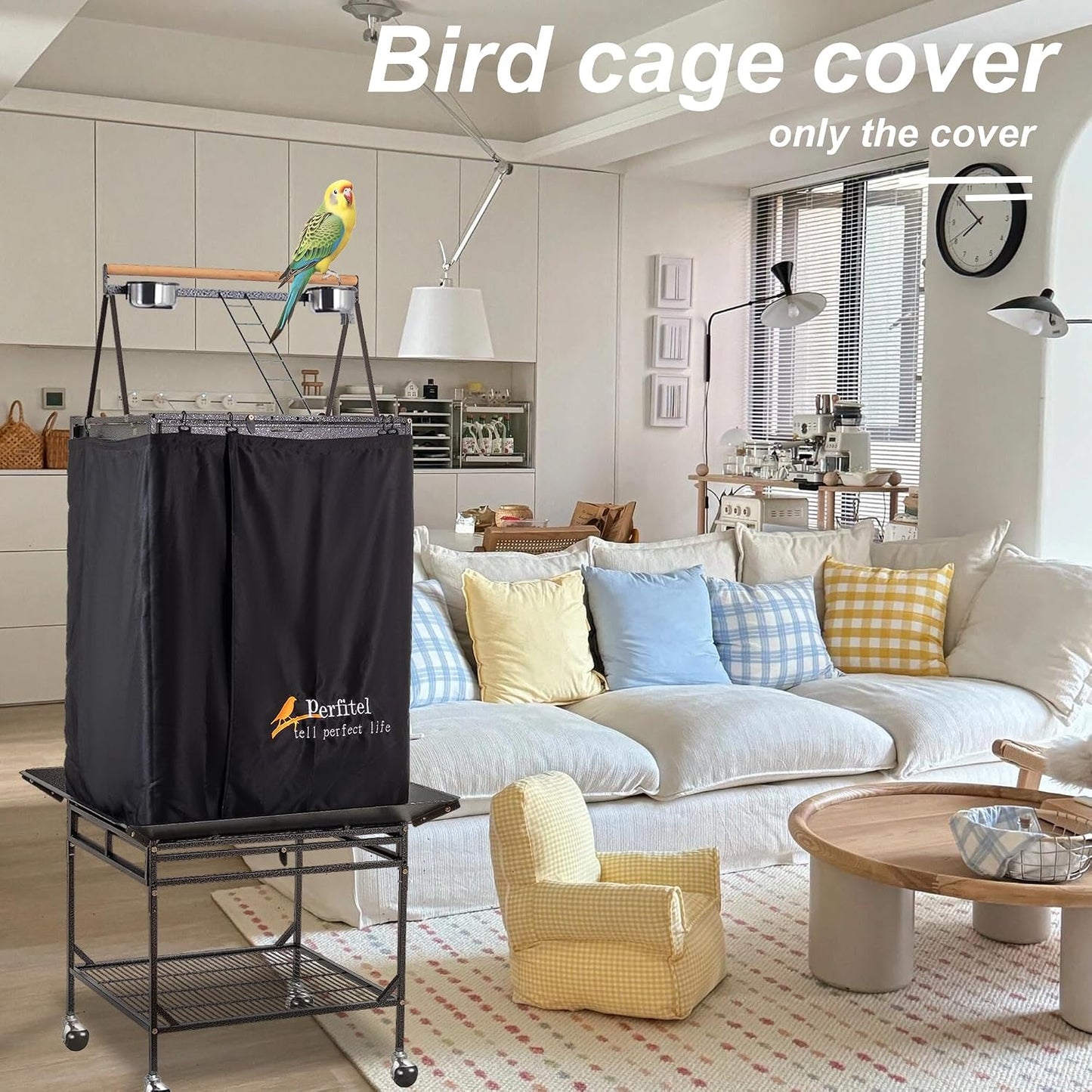 Perfitel washable pet bird enclosure cover packaged showing precise dimensions for 24 by 22 by 68 inch cages