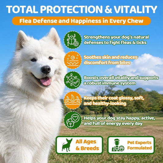 Supa Paws natural dog flea treatment crunchy treats with chicken and krill flavor.