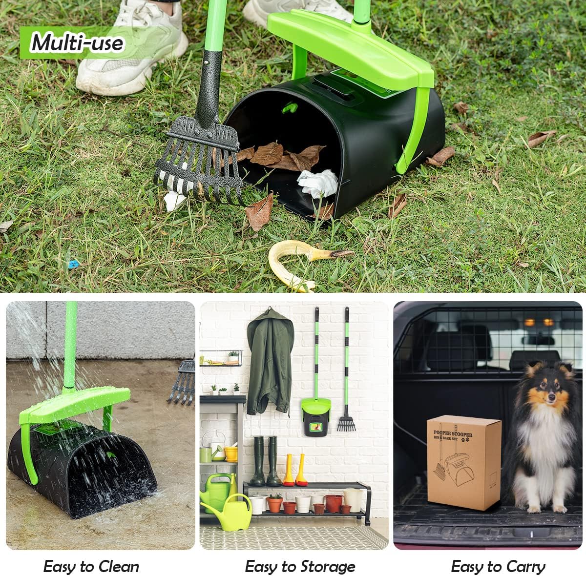 Compact upright storage view of the pet waste bin and rake standing together.