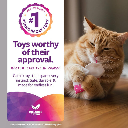 Two colorful tea bag cat toys with catnip
