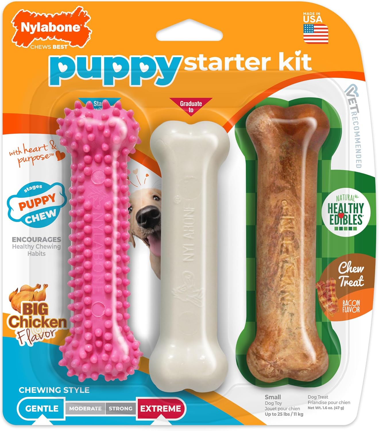 Nylabone New Puppy Starter Kit, Chew Toys & Natural Chew Treat for Puppies, Puppy Enrichment Teething Toys, Blue, Long Lasting Chicken & Bacon Flavor, Small Dogs - Up to 25 Ibs, 3 Pack - Image 14