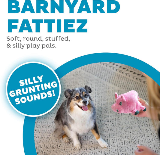 Small stuffed pig dog toy displaying minimal seams for enhanced product durability.
