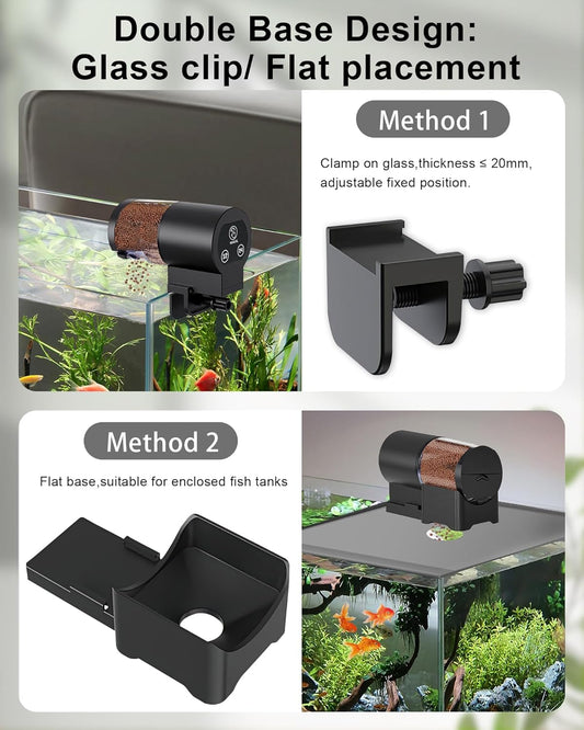 Black automatic aquarium food dispenser with adjustable feeding timer