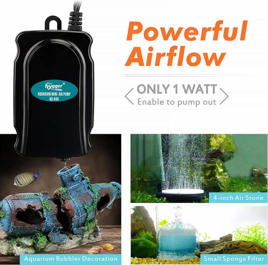 Hygger 1W fish tank air pump with included accessories