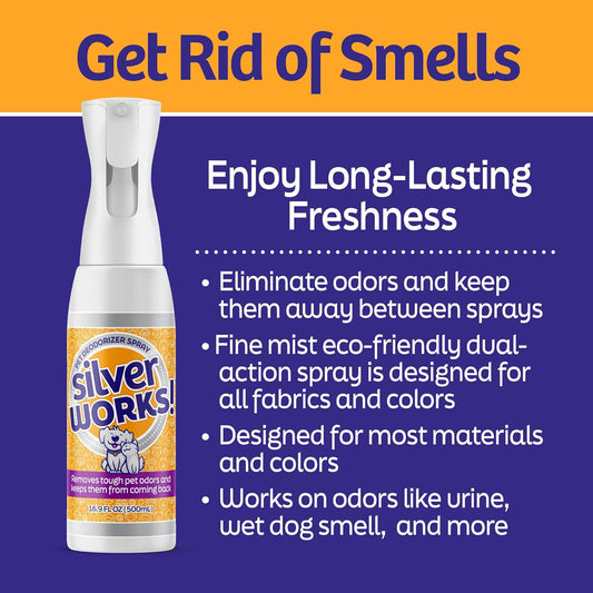 SilverWorks! Pet Odor Eliminator Spray For Home - Safe, Natural, Silver Ion Deodorizer - Cat, Dog Smell And Urine Odor Eliminator For Carpet, Furniture And Litter -16.9oz - Image 2