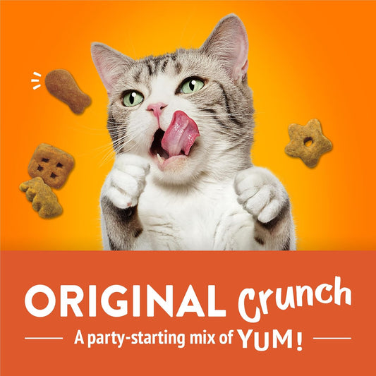 Friskies imported cat treats pouch highlighting chicken liver and turkey flavor graphics