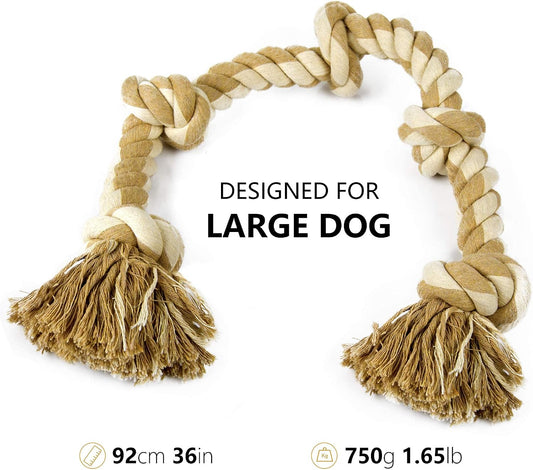 Large breed dog playing tug of war with 3 feet PetiFine cotton chew toy